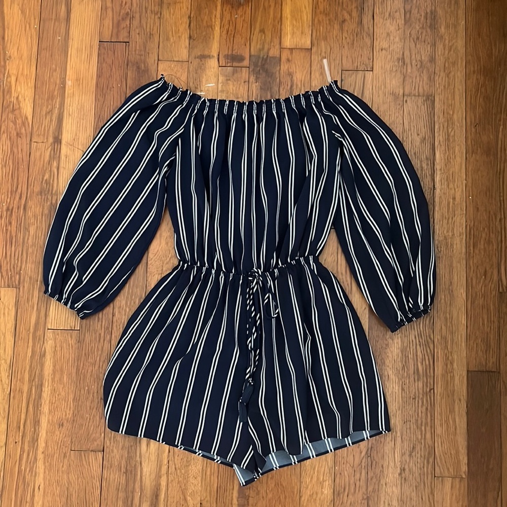 Navy Blue Striped Off The Shoulder Romper - Soprano
